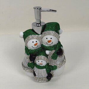 Snowman Family Ceramic Soap Dispenser Green White Rhinestone